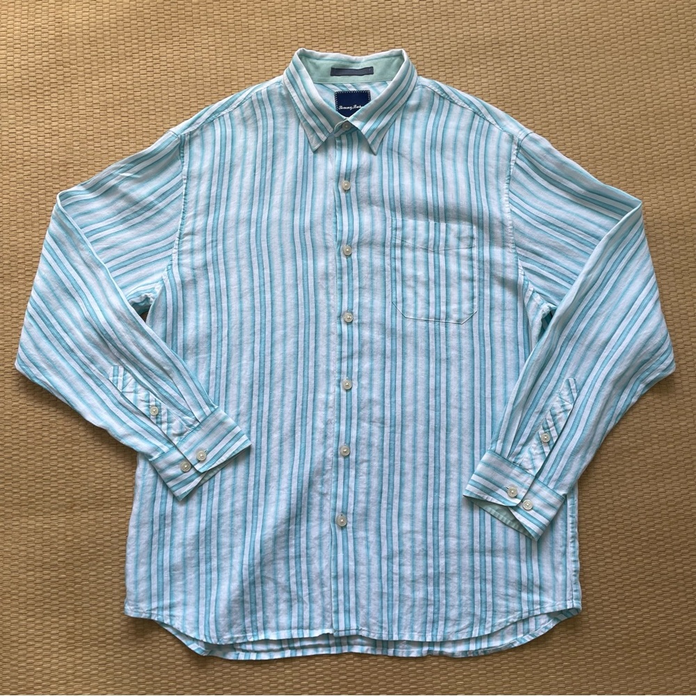 Tommy Bahama Linen Shirt Men’s Large White/Blue Stripes Long Sleeve